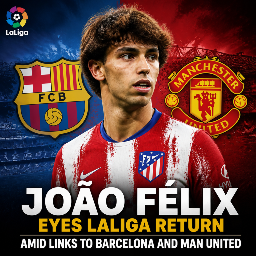 João Félix in football kit looking focused during a match, highlighting LaLiga transfer rumors.