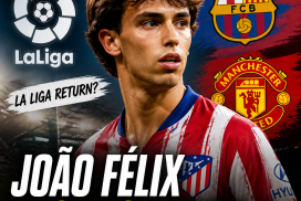 João Félix in Atlético Madrid jersey looking focused amid La Liga transfer rumors.