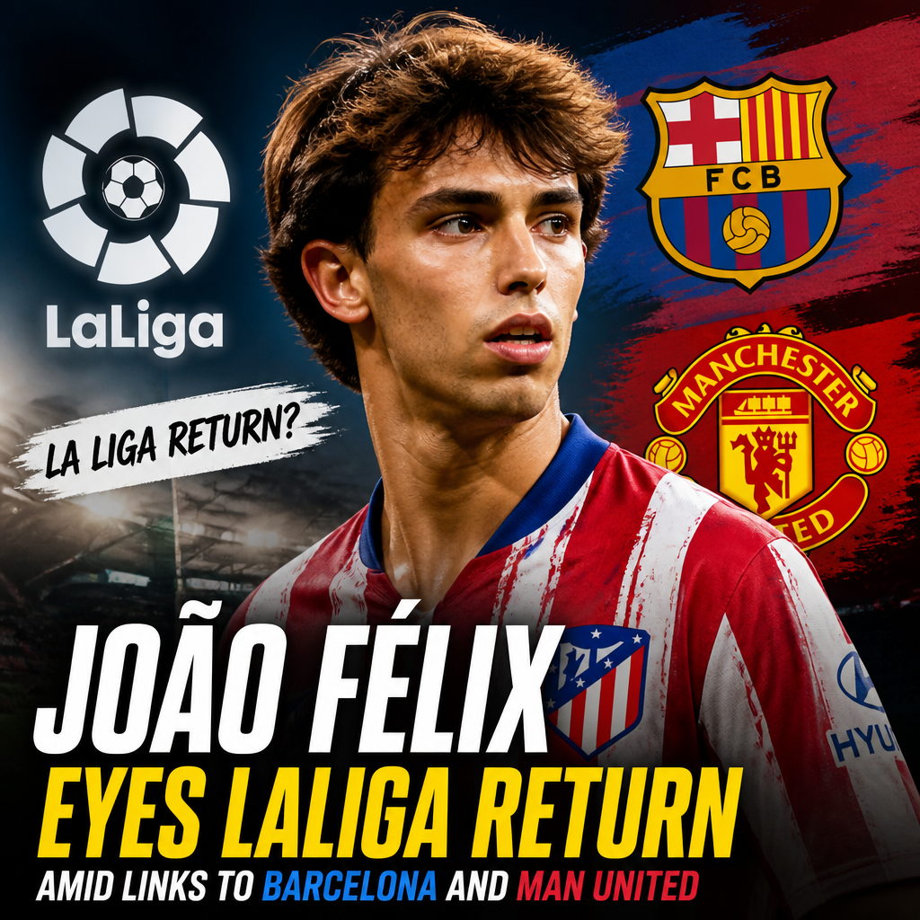 João Félix in Atlético Madrid jersey looking focused amid La Liga transfer rumors.