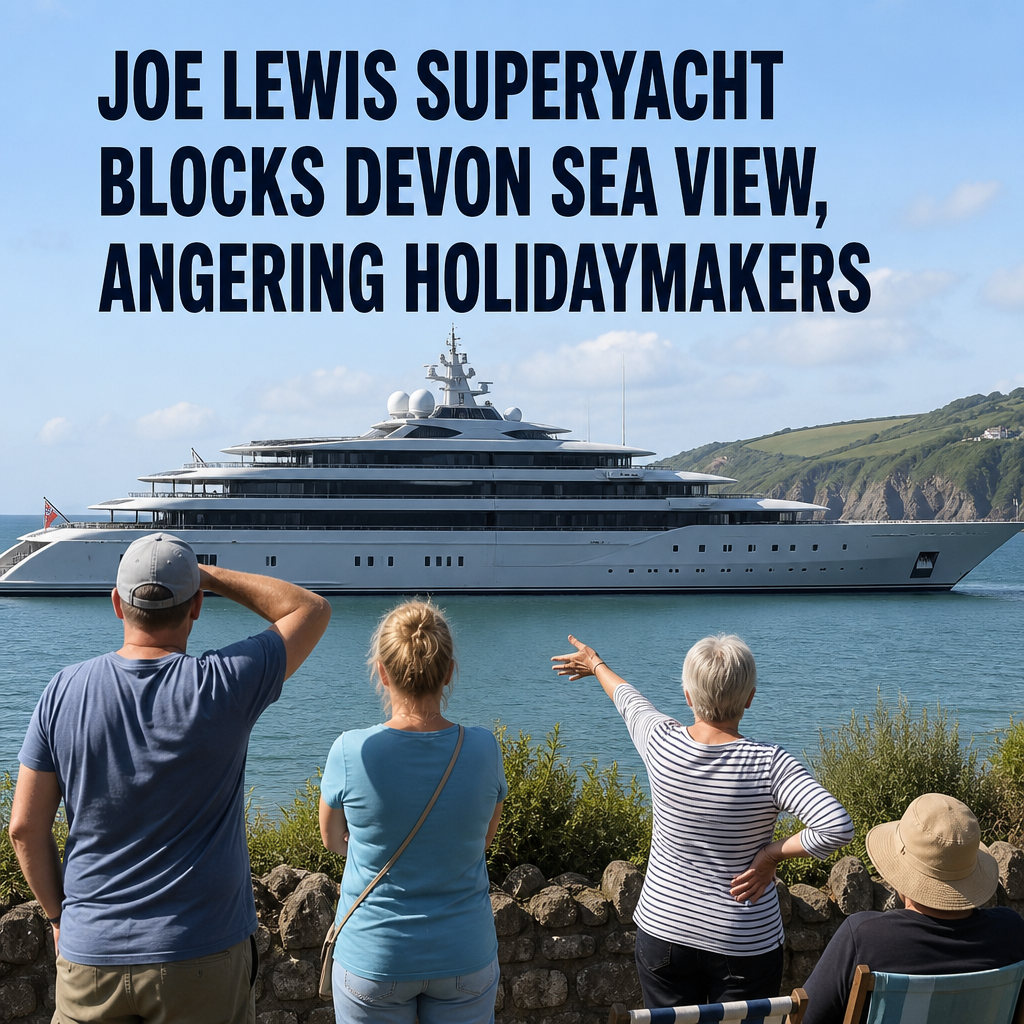 Large luxury superyacht anchored close, blocking scenic sea view off Devon coast, frustrating nearby holidaymakers.