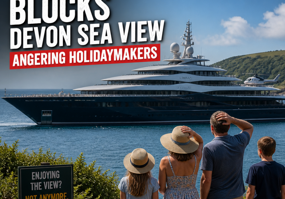 A large superyacht blocks the scenic sea view at a Devon beach, frustrating holidaymakers nearby.