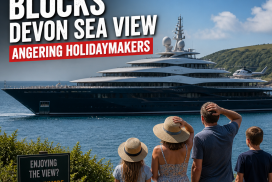 A large superyacht blocks the scenic sea view at a Devon beach, frustrating holidaymakers nearby.