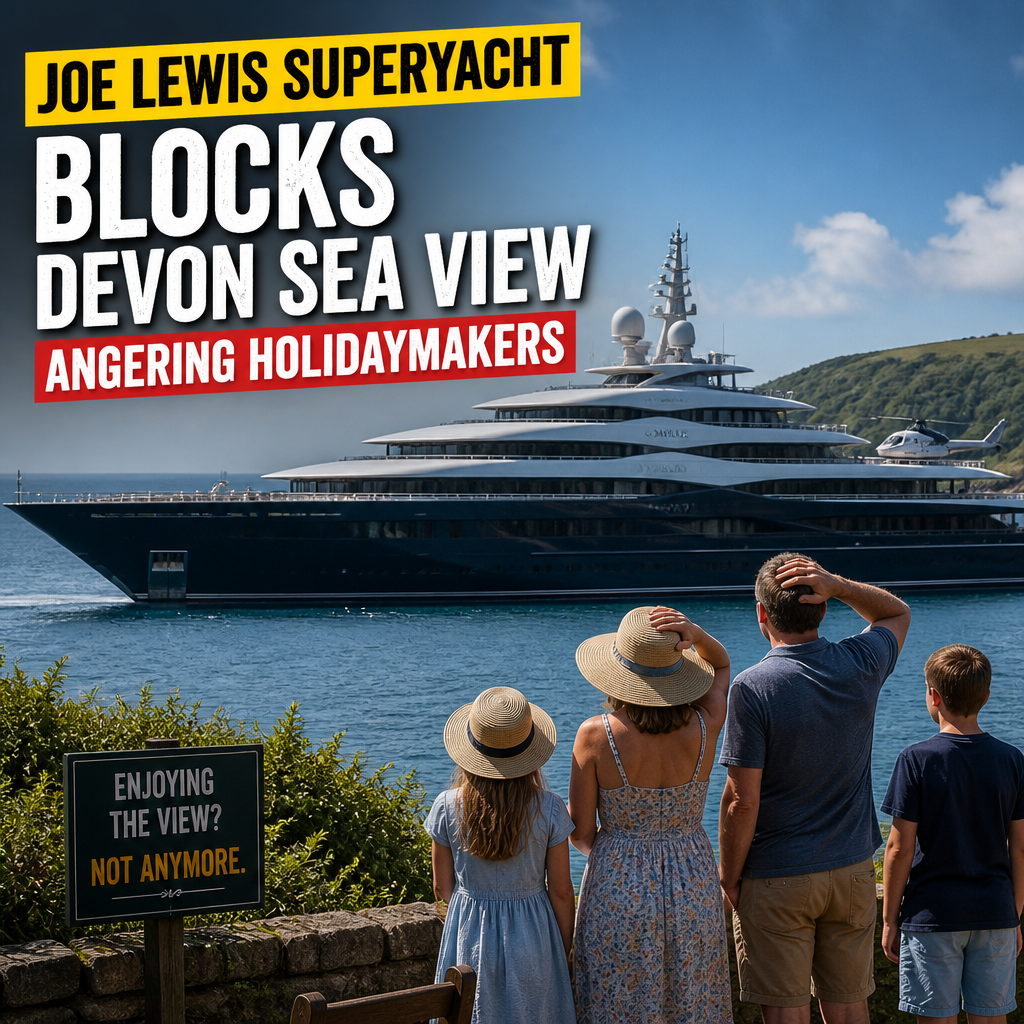 A large superyacht blocks the scenic sea view at a Devon beach, frustrating holidaymakers nearby.