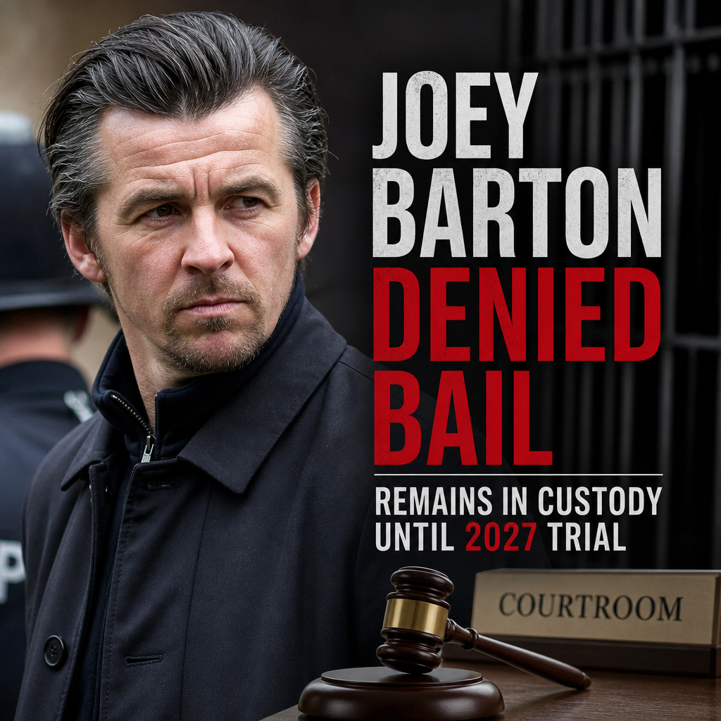 Joey Barton in a courtroom wearing a suit, looking serious as bail is denied and he remains in custody.