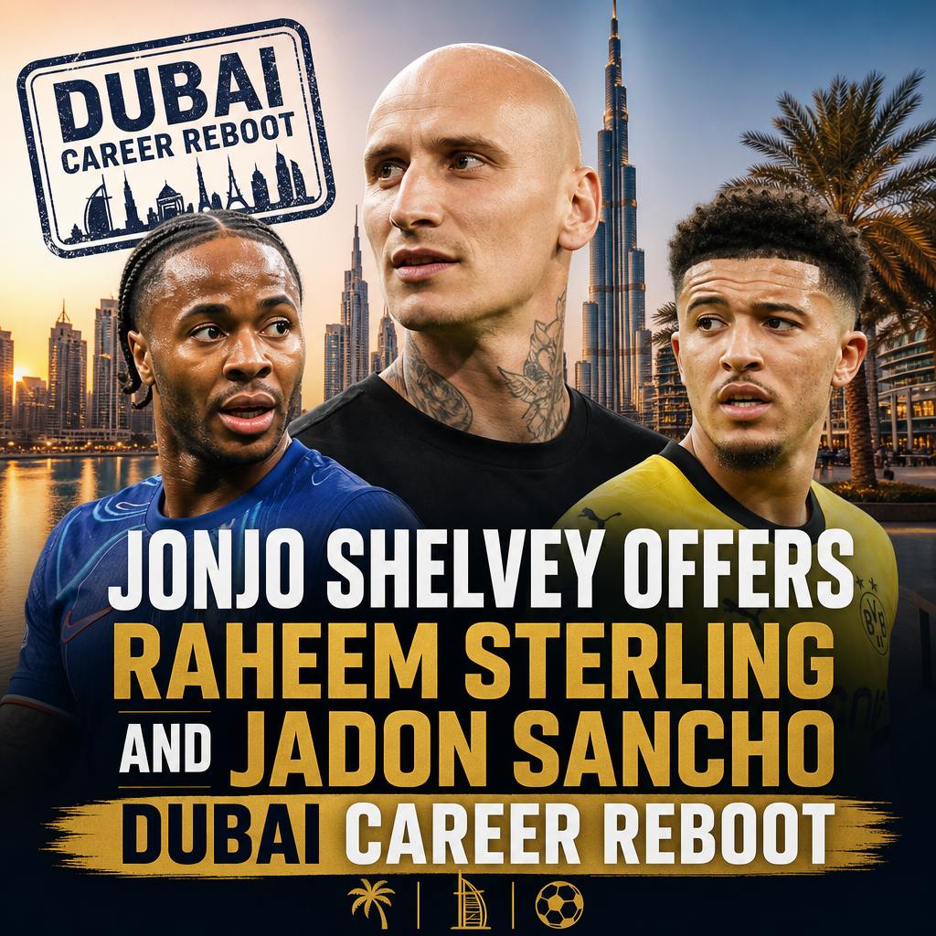 Jonjo Shelvey talks with Raheem Sterling and Jadon Sancho with Dubai skyline behind them.