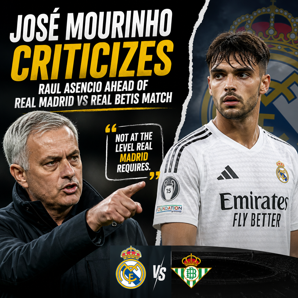 José Mourinho speaking passionately during a press conference, criticizing Raul Asencio's performance.