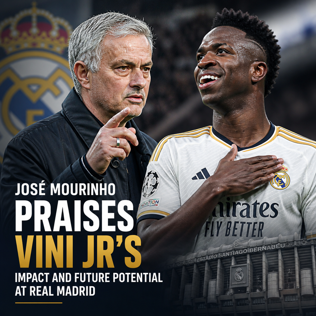 José Mourinho smiling, speaking at a press conference with Real Madrid backdrop.