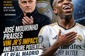 José Mourinho smiling and speaking at a press conference, wearing a dark Real Madrid jacket.