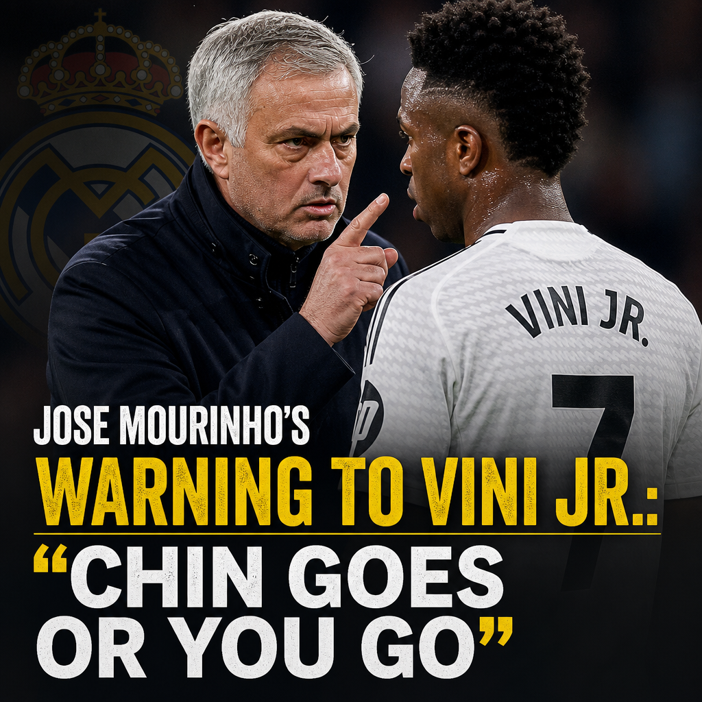 Jose Mourinho sternly gesturing and speaking to Real Madrid player Vini Jr. during a football match.