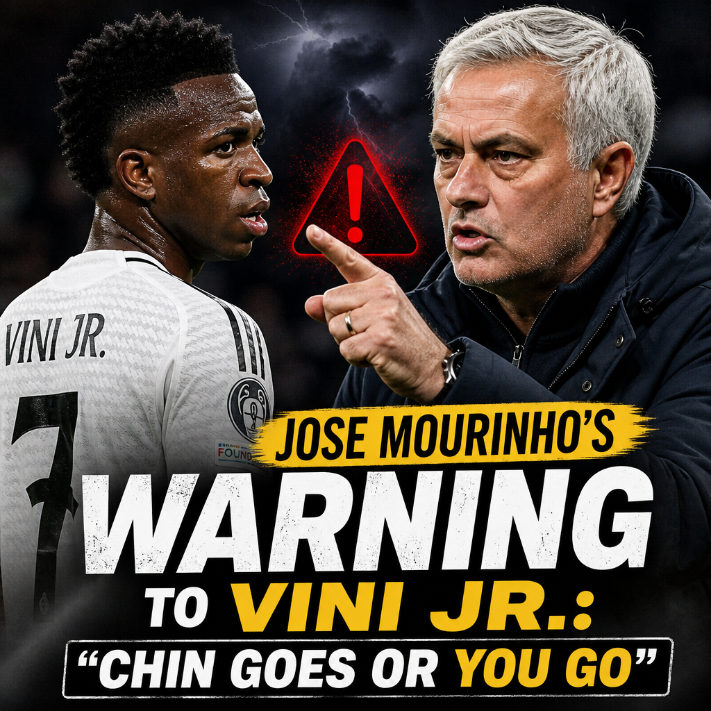 Jose Mourinho pointing and speaking firmly to Vini Jr. with a serious expression during a football match.