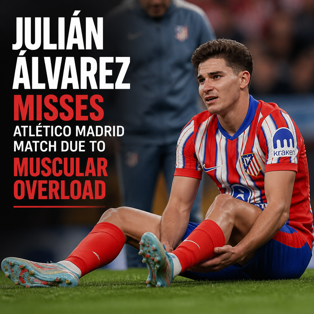 Soccer player Julián Álvarez sitting on bench, wearing training gear, during Atlético Madrid match.