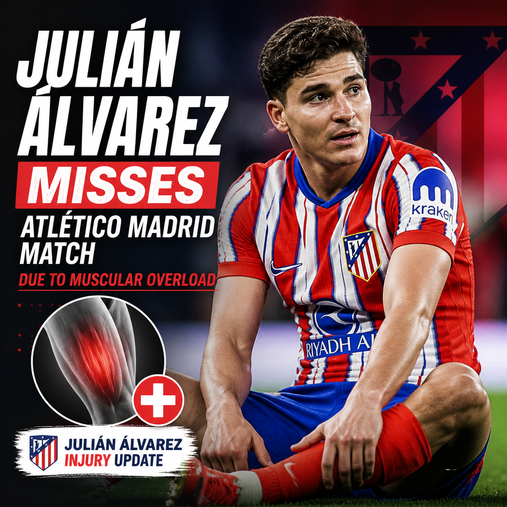 Julián Álvarez in Argentina jersey on the field, sidelined due to muscular overload injury.
