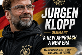 Jurgen Klopp smiling confidently in a suit, symbolizing his new role as Germany's national football team manager.