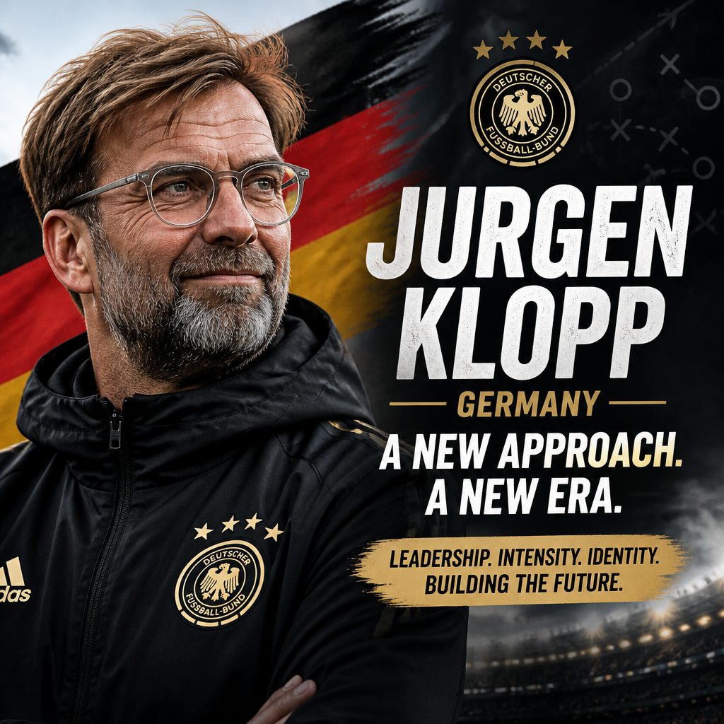 Jurgen Klopp smiling confidently in a suit, symbolizing his new role as Germany's national football team manager.