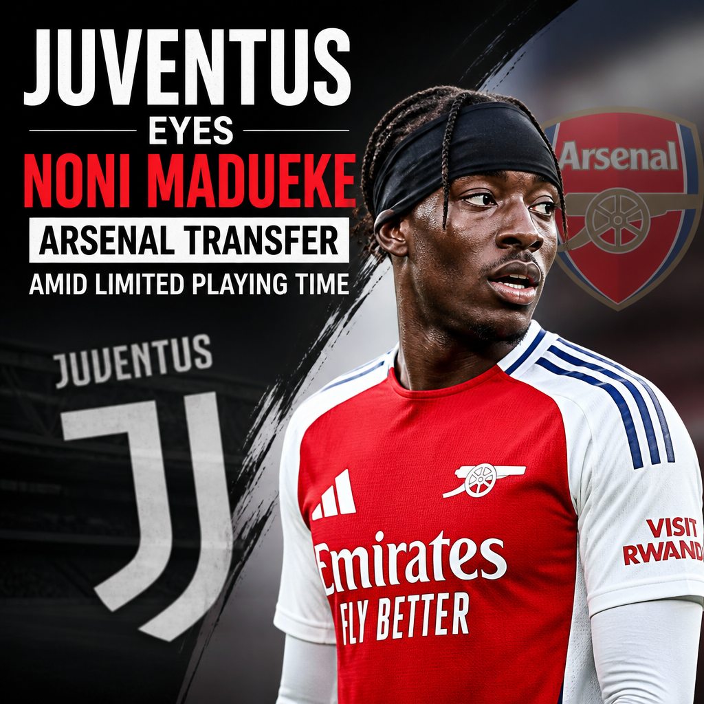 Arsenal's Noni Madueke in action, targeted by Juventus for transfer due to limited playing time.