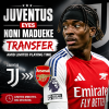 Noni Madueke in Arsenal kit looking focused during a match, Juventus interested in his transfer.