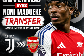 Noni Madueke in Arsenal kit looking focused during a match, Juventus interested in his transfer.