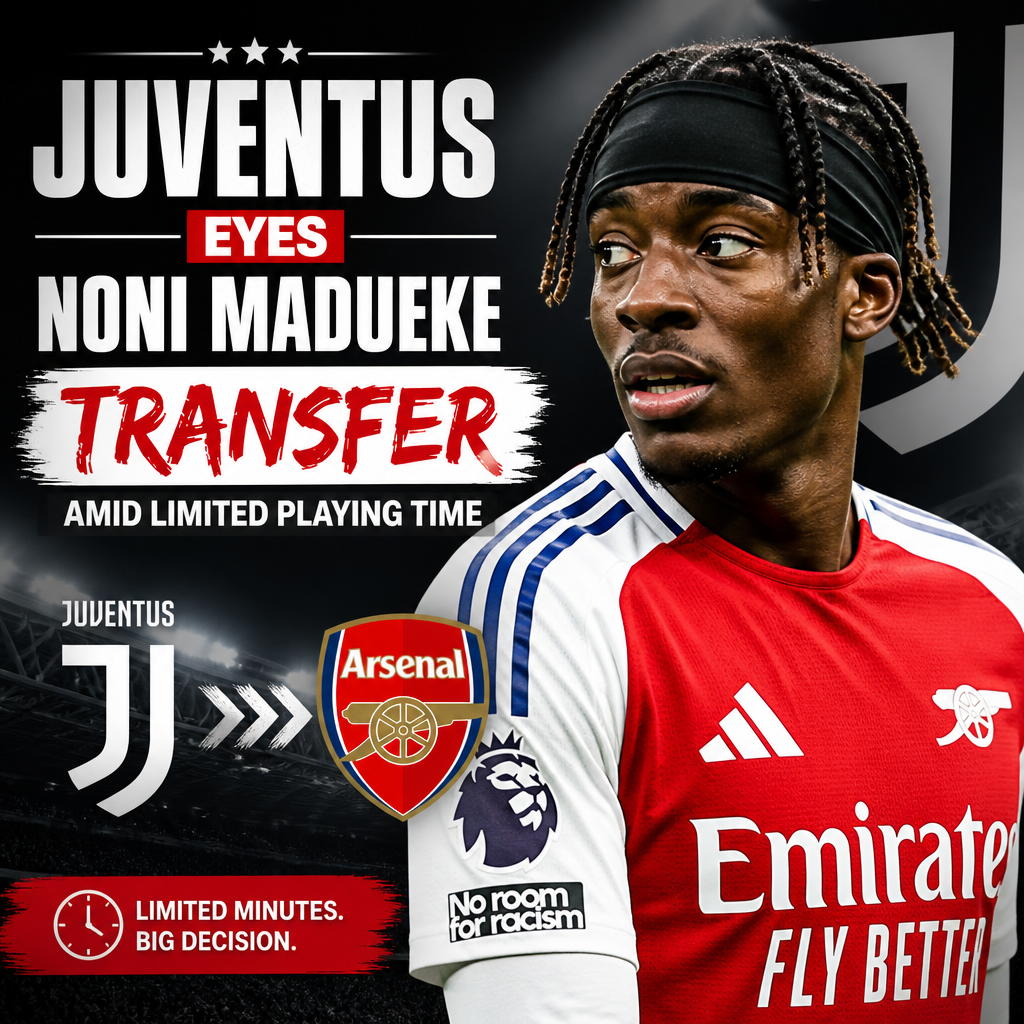 Noni Madueke in Arsenal kit looking focused during a match, Juventus interested in his transfer.
