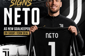 Juventus goalkeeper Neto in action during a match, wearing black and white uniform.