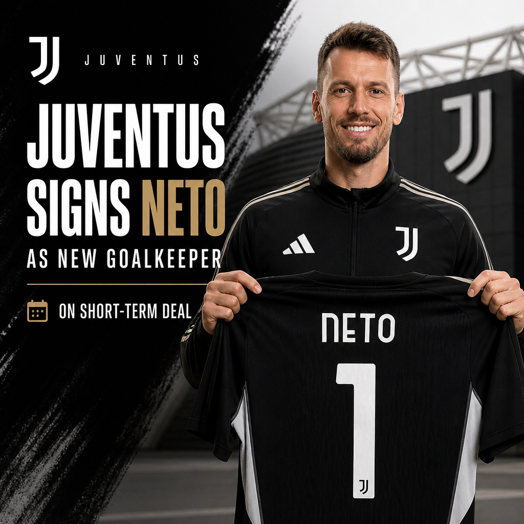 Neto in Juventus jersey holding a soccer ball, celebrating his signing as new goalkeeper on a short-term deal.