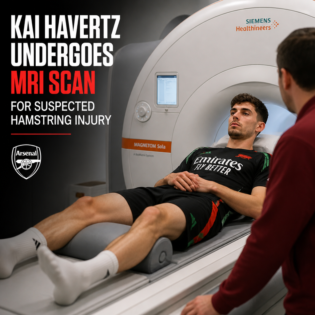 Kai Havertz lying in an MRI machine at Arsenal medical facility for a suspected hamstring injury.