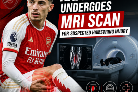 Kai Havertz lies on an MRI machine table as a technician prepares for a hamstring injury scan.