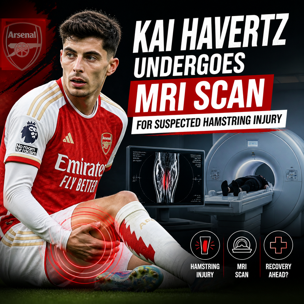 Kai Havertz lies on an MRI machine table as a technician prepares for a hamstring injury scan.