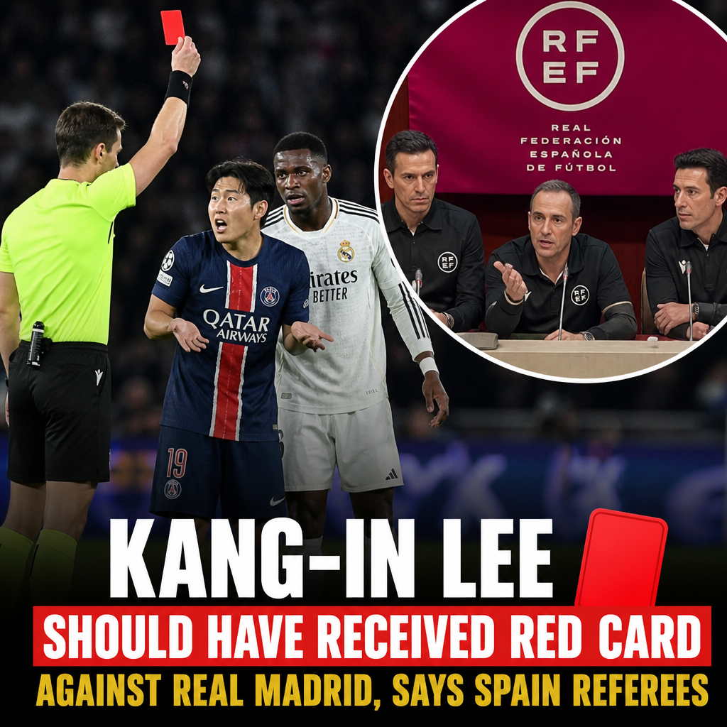 Kang-In Lee shows disbelief after receiving a red card in a match against Real Madrid.