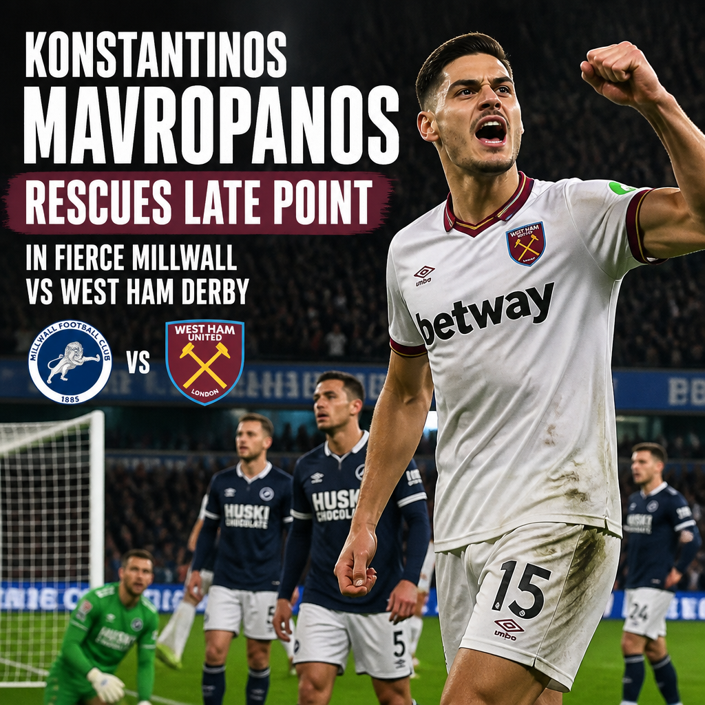 Konstantinos Mavropanos celebrating a late goal for West Ham United during a fierce Millwall derby match.