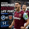West Ham's Konstantinos Mavropanos celebrates scoring a late equalizer against Millwall in a fierce derby match.