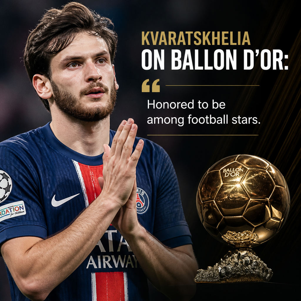 Khvicha Kvaratskhelia smiling with Ballon d'Or trophy surrounded by football stars at award ceremony.