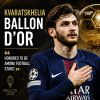 Kvaratskhelia holding a Ballon d'Or trophy, surrounded by cheering football stars and bright stadium lights.