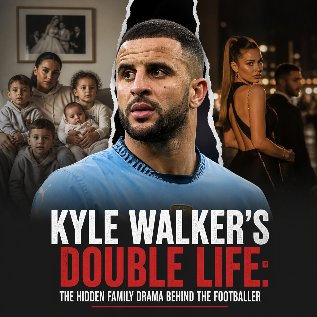 Kyle Walker in a football kit contrasted with a serious family scene, highlighting his double life and hidden drama.