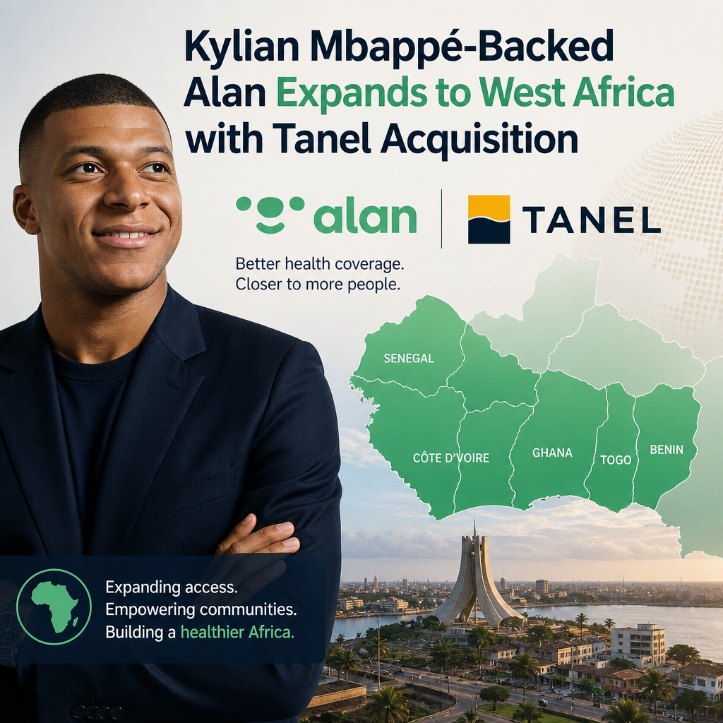 Kylian Mbappé with Alan and Tanel logos, symbolizing health coverage expansion in West Africa.