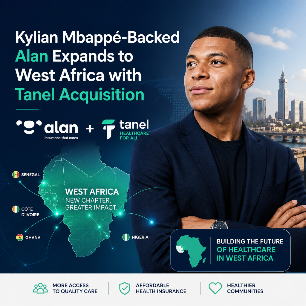 Kylian Mbappé with Alan and Tanel leaders, symbolizing healthcare expansion in West Africa.