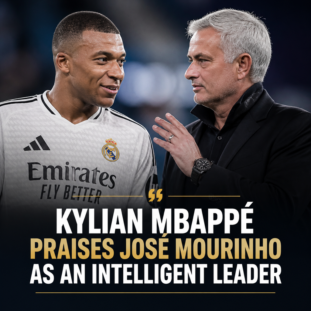 Kylian Mbappé speaking at a press conference, praising José Mourinho as an intelligent football leader.