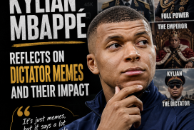 Kylian Mbappé in a thoughtful pose with a background of dictator meme images featuring him.