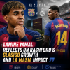 Lamine Yamal speaking at a press conference with FC Barcelona and El Clásico banners behind him.