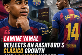 Lamine Yamal speaking at a press conference with FC Barcelona and El Clásico banners behind him.