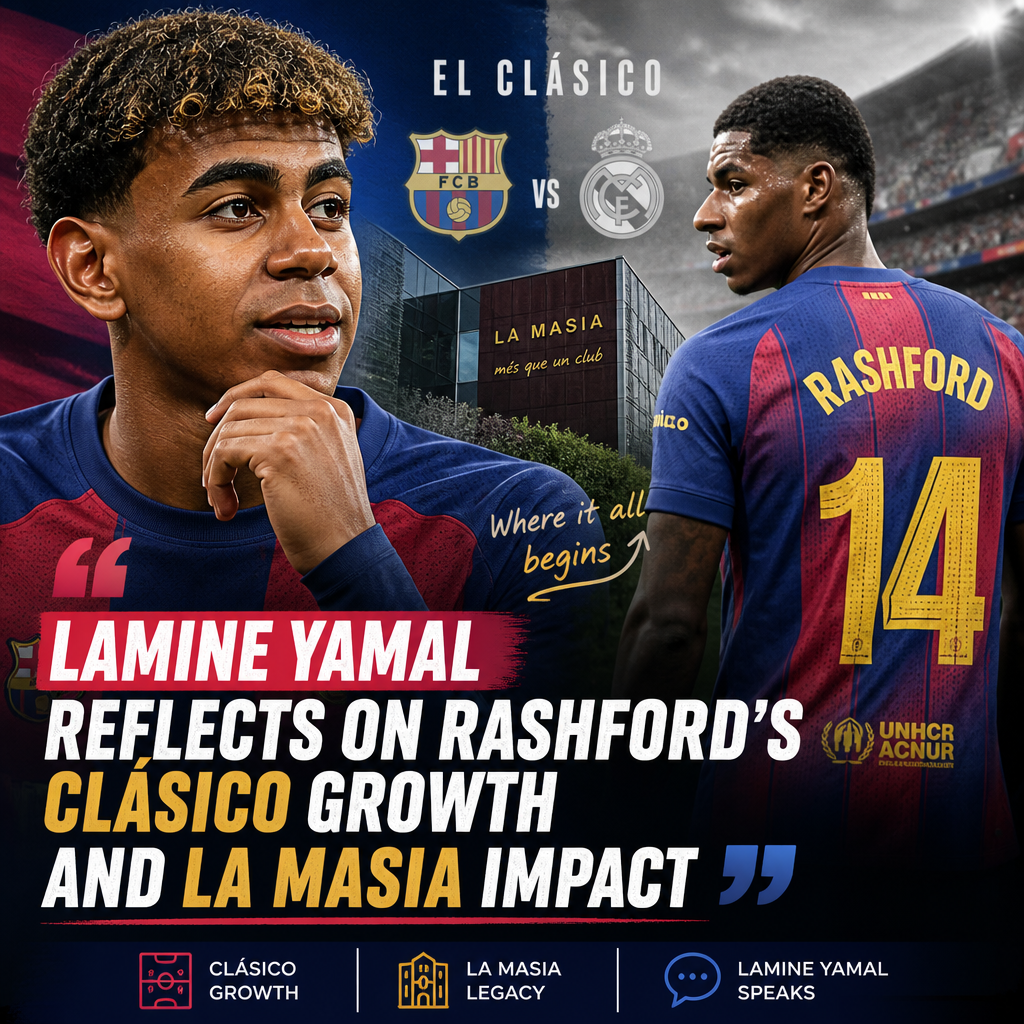 Lamine Yamal speaking at a press conference with FC Barcelona and El Clásico banners behind him.