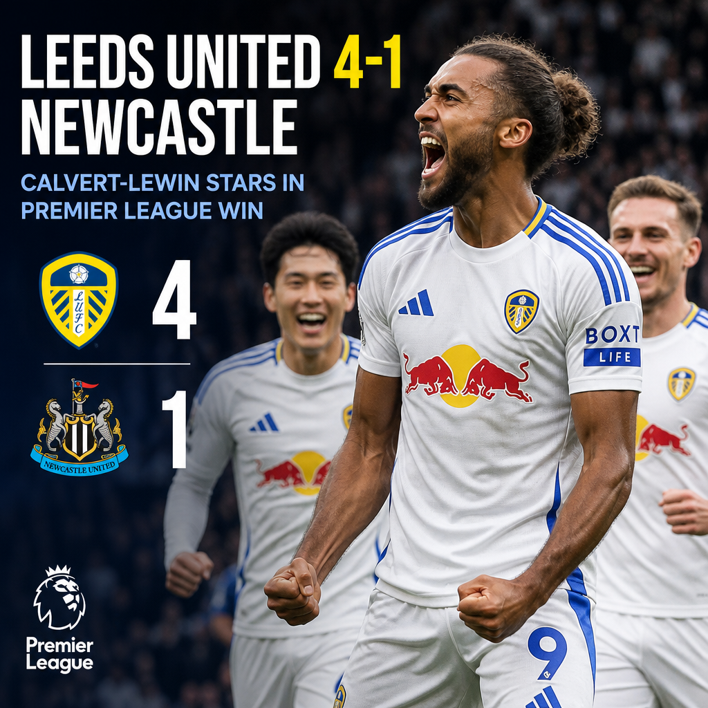 Leeds United players celebrate a goal against Newcastle in a Premier League match.