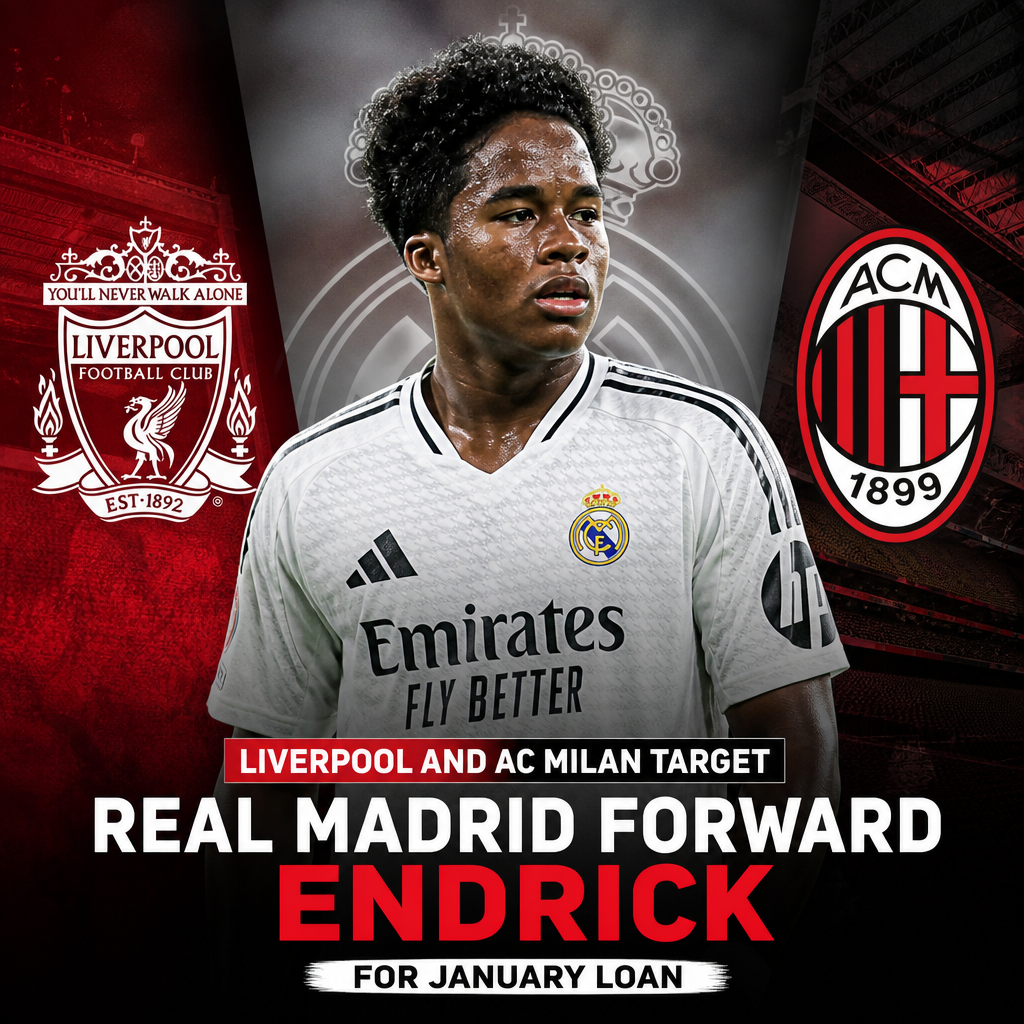 Real Madrid forward Endrick in action on the soccer field, targeted by Liverpool and AC Milan for January loan.