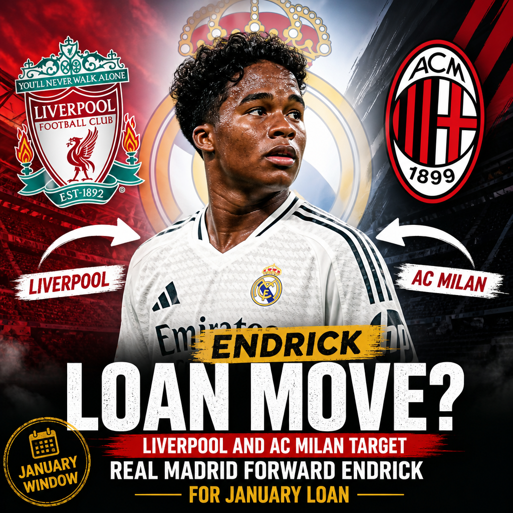 Real Madrid forward Endrick in white jersey with ball, targeted by Liverpool and AC Milan for loan move.