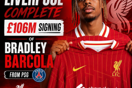 Bradley Barcola in a Liverpool jersey holding a football, celebrating his £106 million signing from PSG.