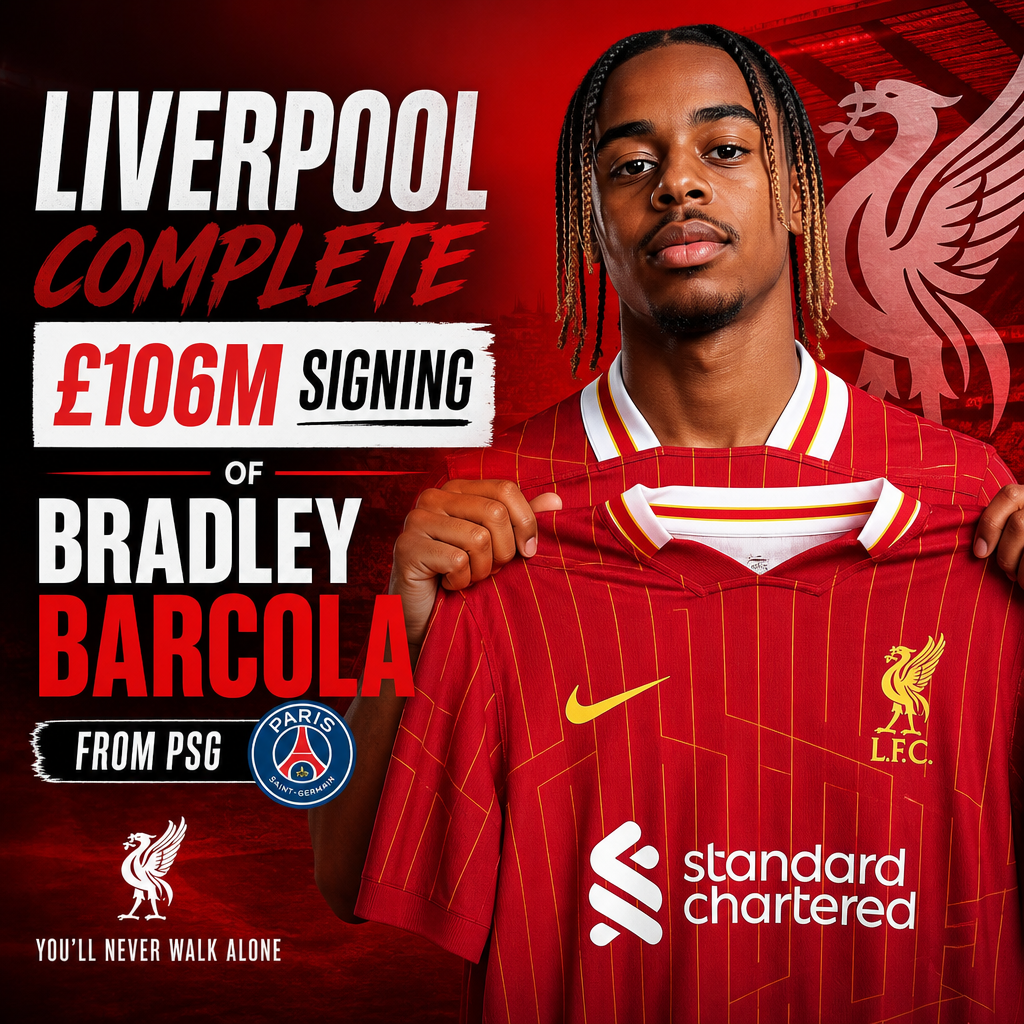 Bradley Barcola in a Liverpool jersey holding a football, celebrating his £106 million signing from PSG.