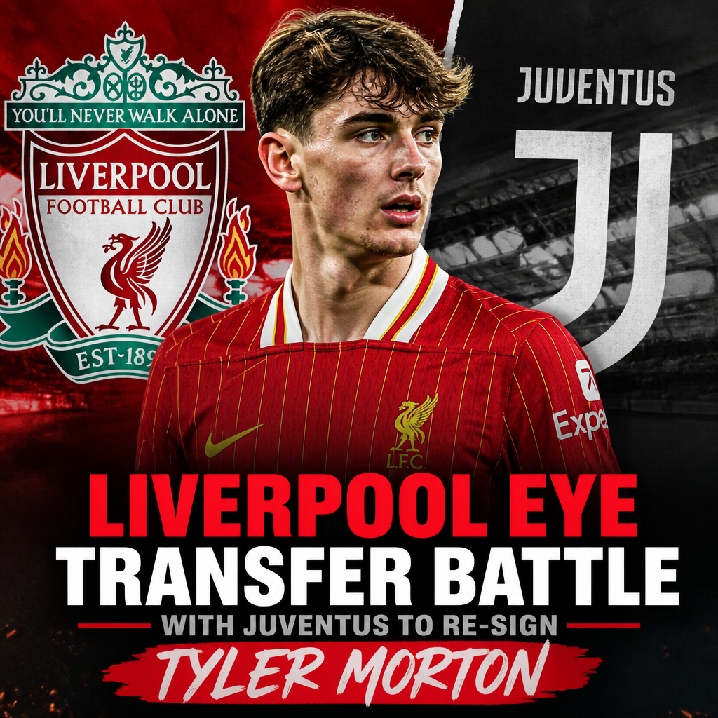 Liverpool and Juventus logos with a footballer in the center, symbolizing a transfer battle for Tyler Morton.