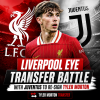 Liverpool and Juventus logos with footballer Tyler Morton in action, highlighting a transfer battle.
