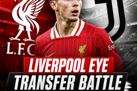 Liverpool and Juventus logos with footballer Tyler Morton in action, highlighting a transfer battle.