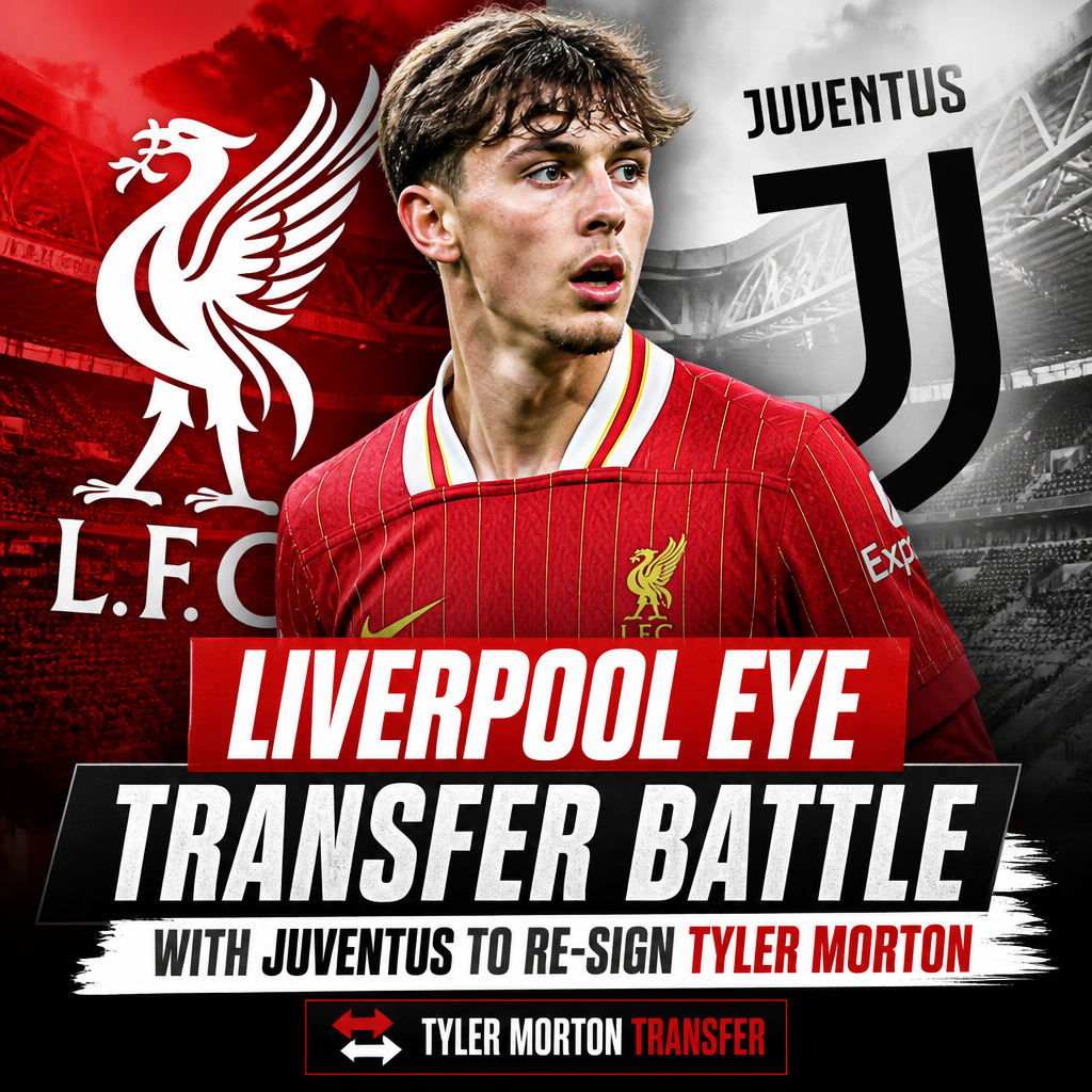 Liverpool and Juventus logos with footballer Tyler Morton in action, highlighting a transfer battle.