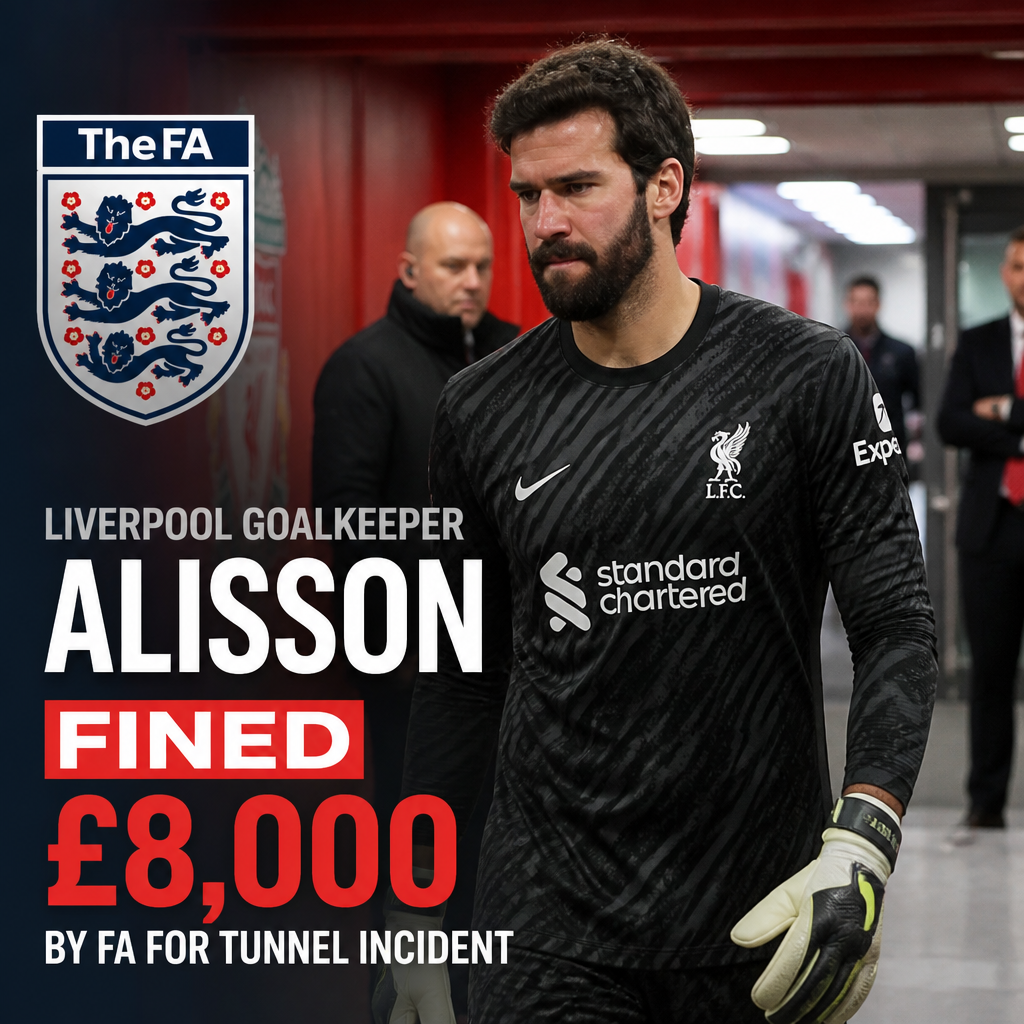 Liverpool goalkeeper Alisson walks off the pitch with officials after being fined £8,000 by the FA.